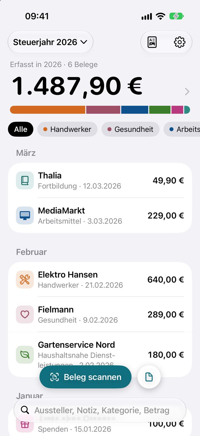 Belegdose: Belegliste des Steuerjahres 2026 mit Summe und Verteilung nach Kategorie