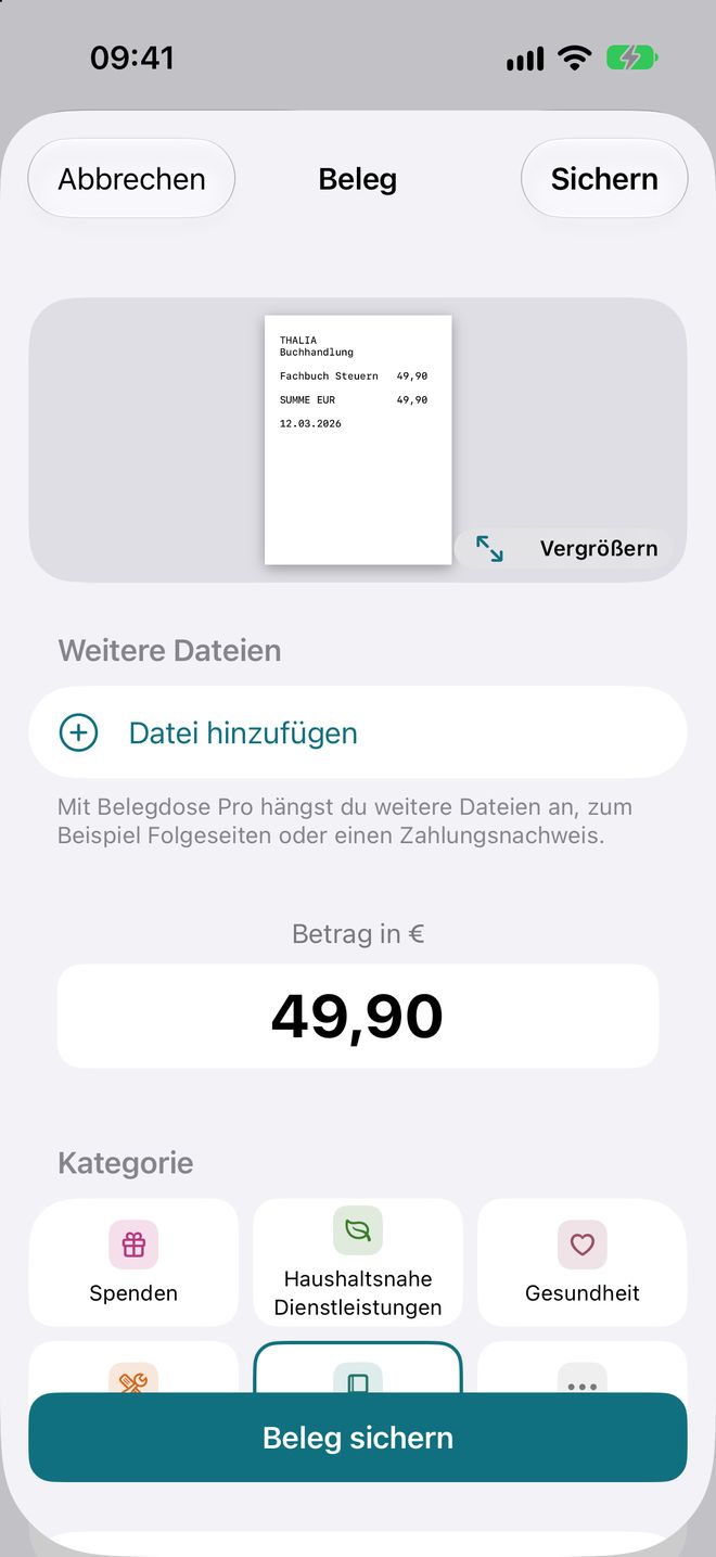 Belegdose: Eingabemaske mit Belegbild, Betrag und Kategorie