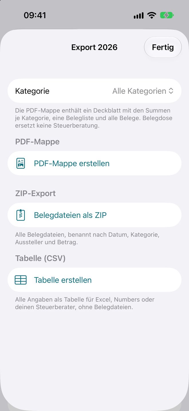 Belegdose: Export mit PDF-Mappe, ZIP-Datei und Tabelle