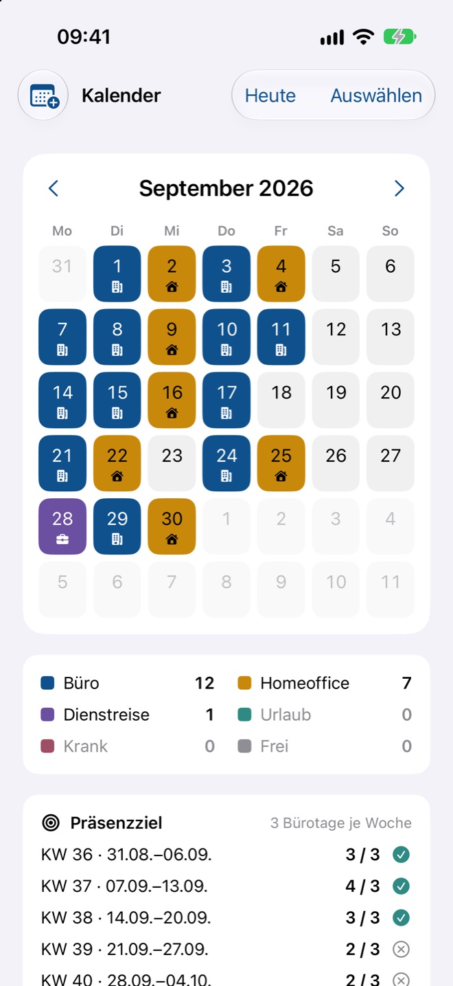 Pendeltage: Monatskalender mit Büro-, Homeoffice- und Urlaubstagen